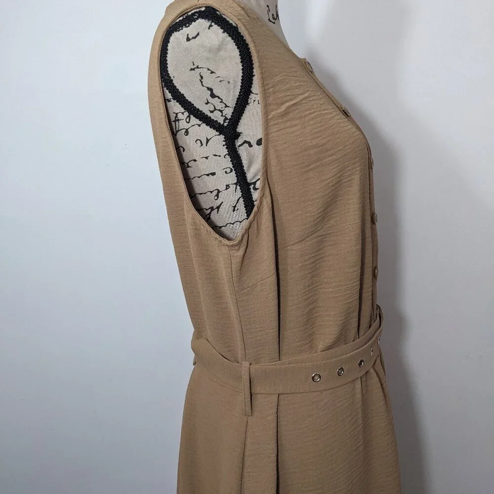 NWT Grace Karin Beige Sleeveless Summer Textured Midi Dress Belted Buttons XL - Picture 10 of 13